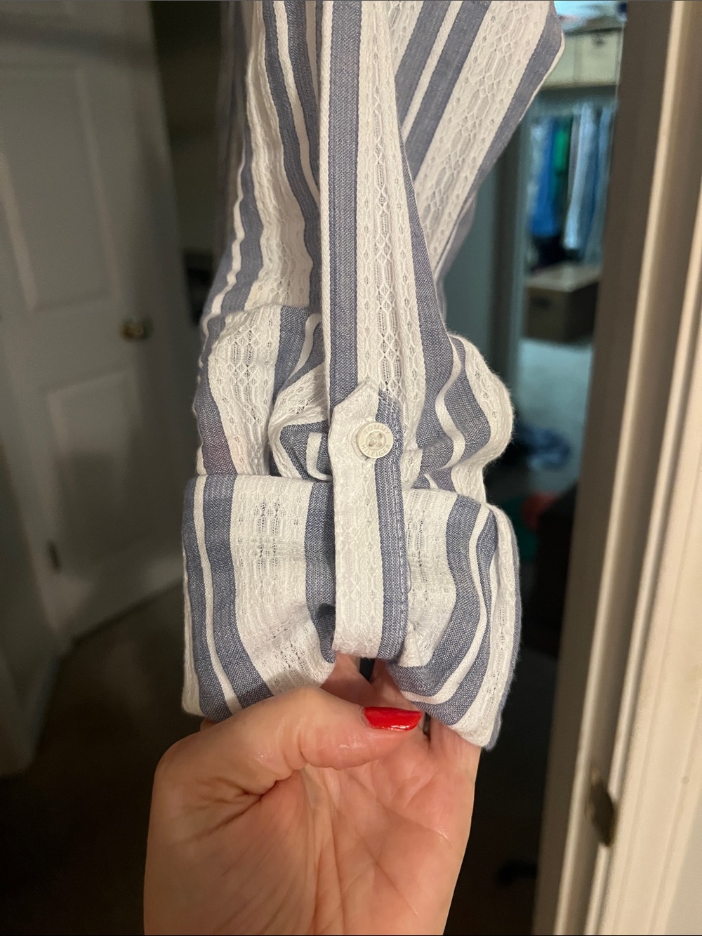 Tommy Hilfiger Blue and Cream Vertical Stripe Casual Button-Down - Picture 3 of 3